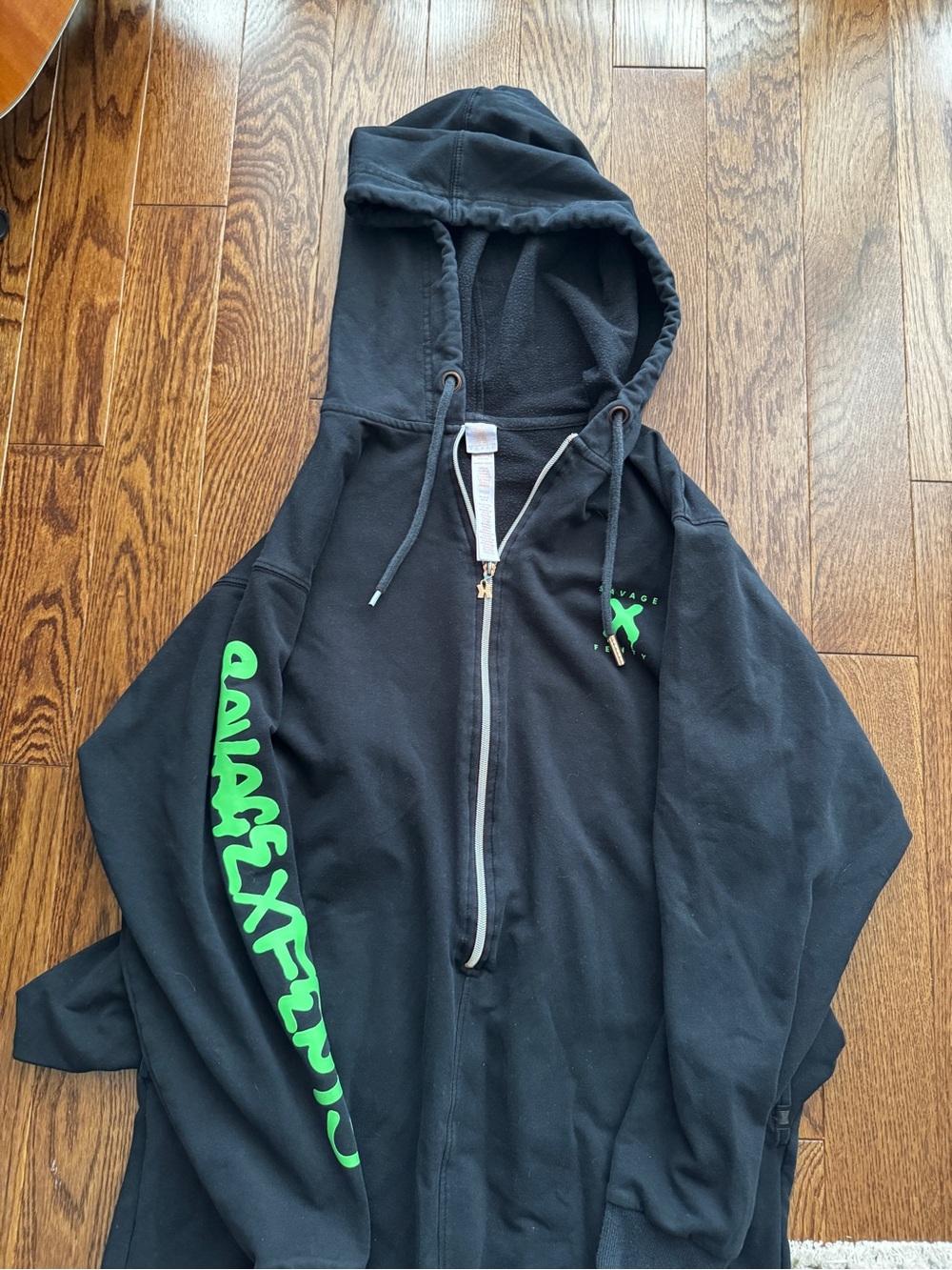 Savage X Fenty Black Onesie Hoodie with Neon Green Zip Accent